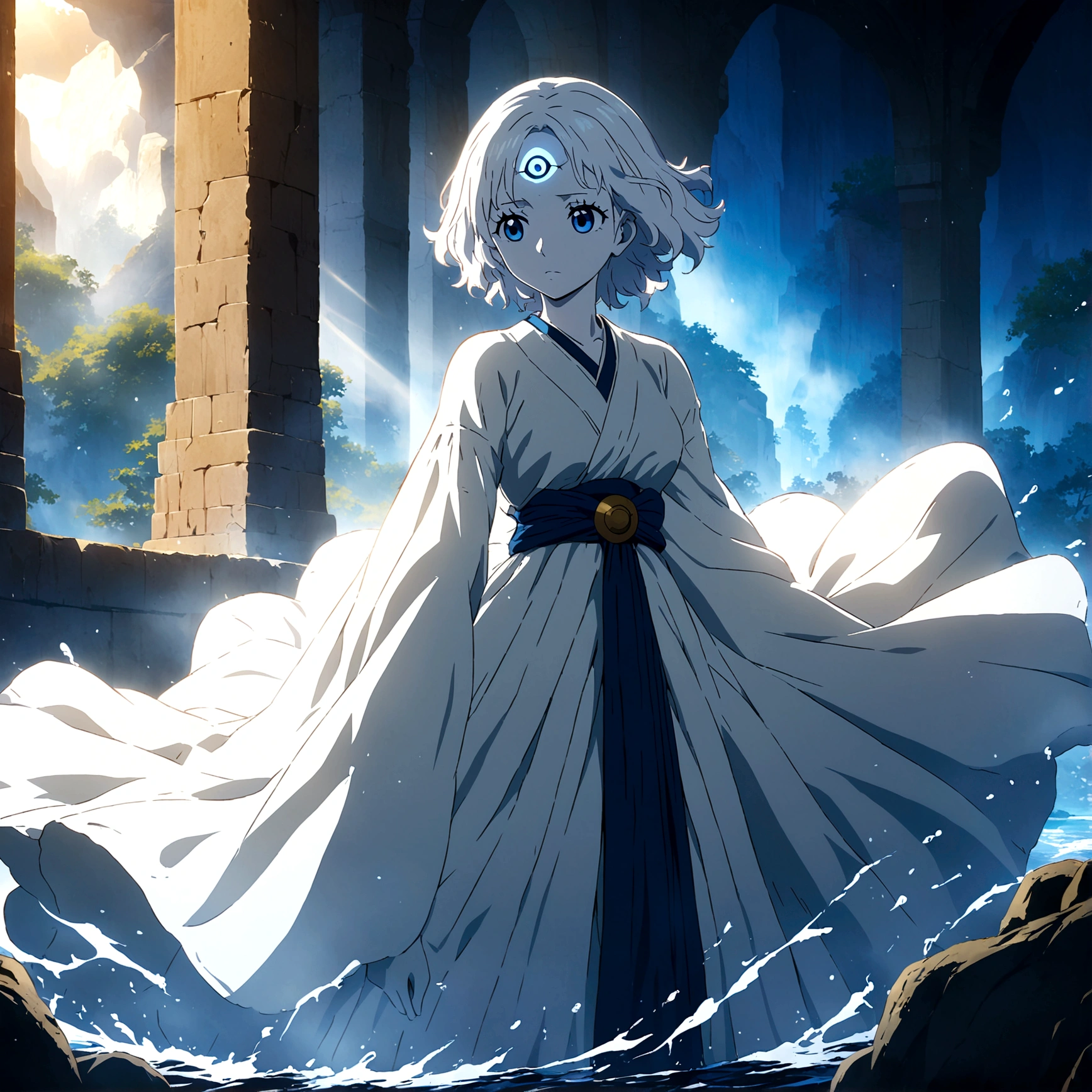 Female, white skin, bright light blue eyes, third eye on forehead, long white hair, white Japanese dress from the classical era, cold and focused expression, "One Piece-inspired anime features, drenched in dramatic and incredible lighting, dramatic lighting, infused with creative details, ultra-fine 2D design, scenery bathed in creativity, bathed in creativity, boasting HD anime resolution clarity, HD anime graphics, high-octane rendering"
