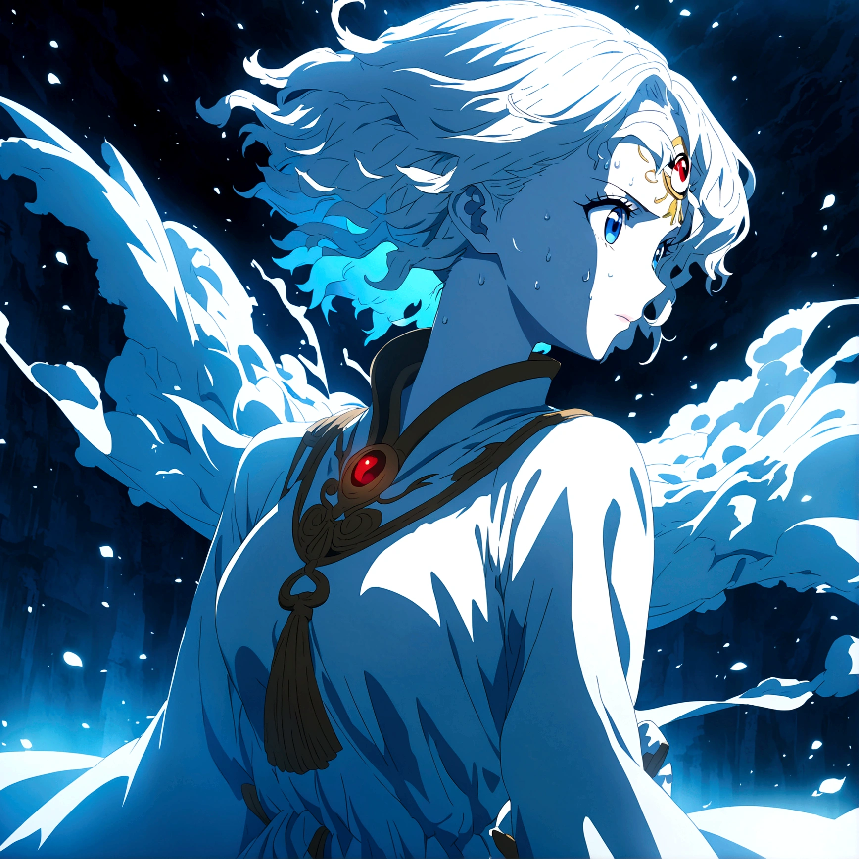 Female, white skin, bright light blue eyes, third eye on forehead, long white hair, white Japanese dress from the classical era, cold and focused expression, "One Piece-inspired anime features, drenched in dramatic and incredible lighting, dramatic lighting, infused with creative details, ultra-fine 2D design, scenery bathed in creativity, bathed in creativity, boasting HD anime resolution clarity, HD anime graphics, high-octane rendering"