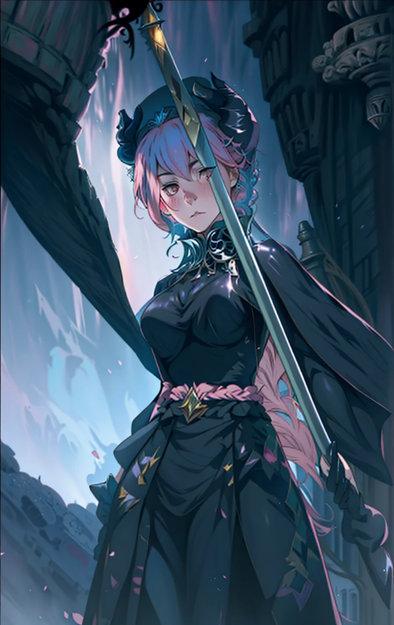 1womanl, dressed up as maleficent, strong emotions, sakura, shorth hair, (pink hair!!) , Lumiere, focusing, how malevolent, fully body, horns on head, 独奏, magic around you, she is in front of a castle,(leggings and black blouse), from head to toe ((fully body!!!)