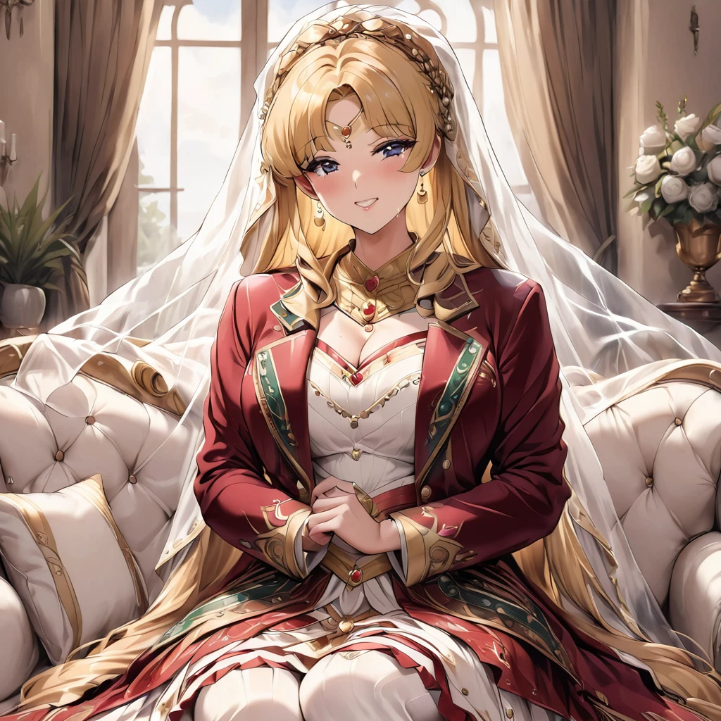 ((Highest quality)), ((masterpiece)), (detailed), (Perfect Face)、The woman is an Italian named Tsukino Usagi, and in a luxurious Italian mansion, she is wearing the gorgeous and glittering Italian traditional Sardinian costume, a lavishly decorated velvet jacket, a long veil, gorgeous jeweled accessories and an engagement ring. The woman and the man are sitting on a luxurious, large sofa in the luxurious room, and the woman is passionately embracing and passionately kissing the dignified, bearded middle-aged man wearing the Italian traditional costume, making passionate love as a married couple.、The woman is the elegant Tsukino Usagi, with long blonde hair in a chignon twin tail, wearing a velvet jacket decorated with the Italian national costume of Sardinia, and a long veil.、The man is a dignified, muscular, bearded Italian man dressed in Italian national dress.