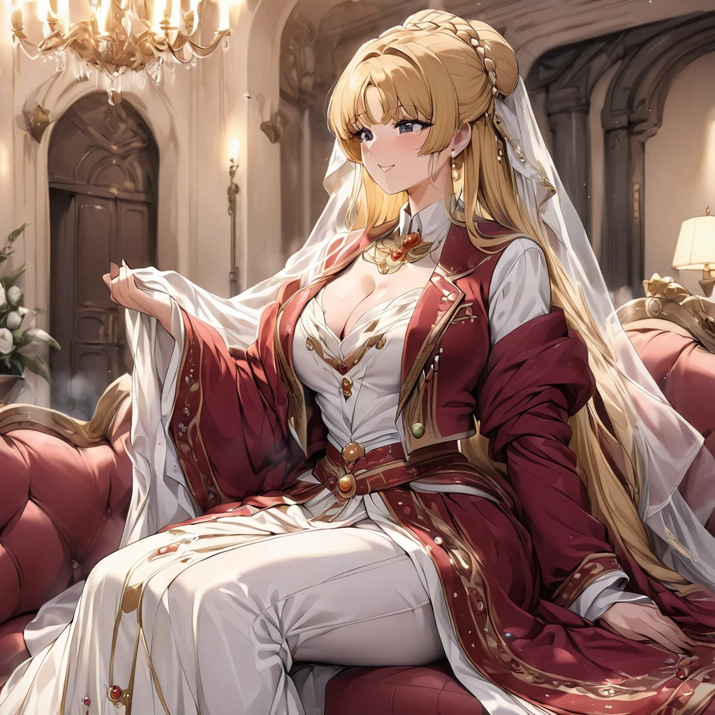 ((Highest quality)), ((masterpiece)), (detailed), （Perfect Face）、The woman is an Italian named Tsukino Usagi, and in a luxurious Italian mansion, she is wearing the gorgeous and glittering Italian traditional Sardinian costume, a lavishly decorated velvet jacket, a long veil, gorgeous jeweled accessories and an engagement ring. The woman and the man are sitting on a luxurious, large sofa in the luxurious room, and the woman is passionately embracing and passionately kissing the dignified, bearded middle-aged man wearing the Italian traditional costume, making passionate love as a married couple.、The woman is the elegant Tsukino Usagi, with long blonde hair in a chignon twin tail, wearing a velvet jacket decorated with the Italian national costume of Sardinia, and a long veil.、The man is a dignified, muscular, bearded Italian man dressed in Italian national dress.