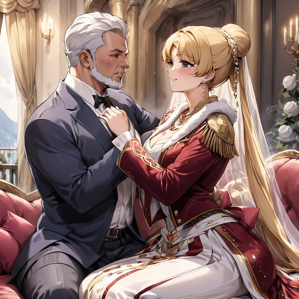 ((Highest quality)), ((masterpiece)), (detailed), (Perfect Face)、The woman is an Italian named Tsukino Usagi, and in a luxurious Italian mansion, she is wearing the gorgeous and glittering Italian traditional Sardinian costume, a lavishly decorated velvet jacket, a long veil, gorgeous jeweled accessories and an engagement ring. The woman and the man are sitting on a luxurious, large sofa in the luxurious room, and the woman is passionately embracing and passionately kissing the dignified, bearded middle-aged man wearing the Italian traditional costume, making passionate love as a married couple.、The woman is the elegant Tsukino Usagi, with long blonde hair in a chignon twin tail, wearing a velvet jacket decorated with the Italian national costume of Sardinia, and a long veil.、The man is a dignified, muscular, bearded Italian man dressed in Italian national dress.