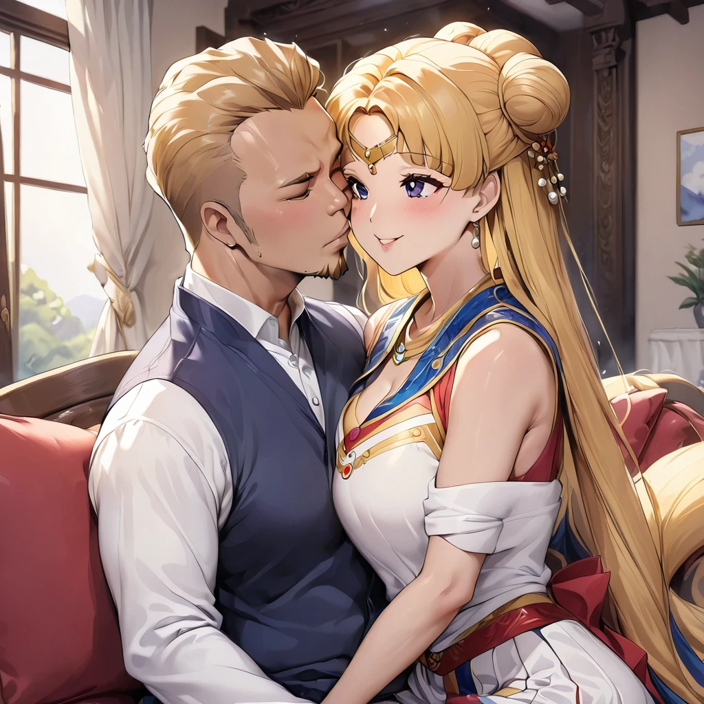 ((Highest quality)), ((masterpiece)), (detailed), (Perfect Face)、The woman is a Mongolian woman named Tsukino Usagi, and is wearing a gorgeous and colorful Mongolian national dress, Dale, in a Mongolian mansion, with gorgeous jeweled accessories and an engagement ring. The woman and the man are sitting on a gorgeous, large sofa in the luxurious room, and the woman is passionately embracing and passionately kissing a dignified, bearded middle-aged Mongolian man wearing a Mongolian national dress, making passionate love as a married couple.、The woman is the elegant Tsukino Usagi, with her long blonde hair in a chignon twin tail, and wearing the colorful Mongolian national costume, the Mongolian Tsukino Usagi.、The man is a dignified, sturdy, bearded Mongolian man wearing Mongolian national dress.