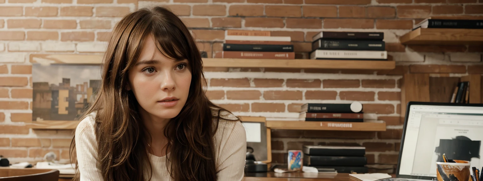 1girl, One Very thin skinny tall pretty skinny zoey deutch, 39 years old, mid long hair, bangs, fringe hair, chatain hair ,bangs hair falling over the forehead, heavy bangs, her hair looks like freja beha erichsen hair, sitting on a office chair, talking to the phone, brick wall behind her, art tableaux, cup of tea, office computer, books on shelves
