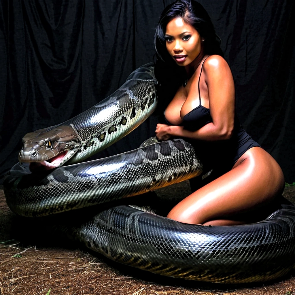 Happy Horny, aroused 1girl), beautiful kneeling Filipino young girl with giant colossal black titanboa squeezing her hard, wrapped in thick spiraling coils, constricted, struggle, gasping for air, snake attack, snake peril, moonless night, dim light