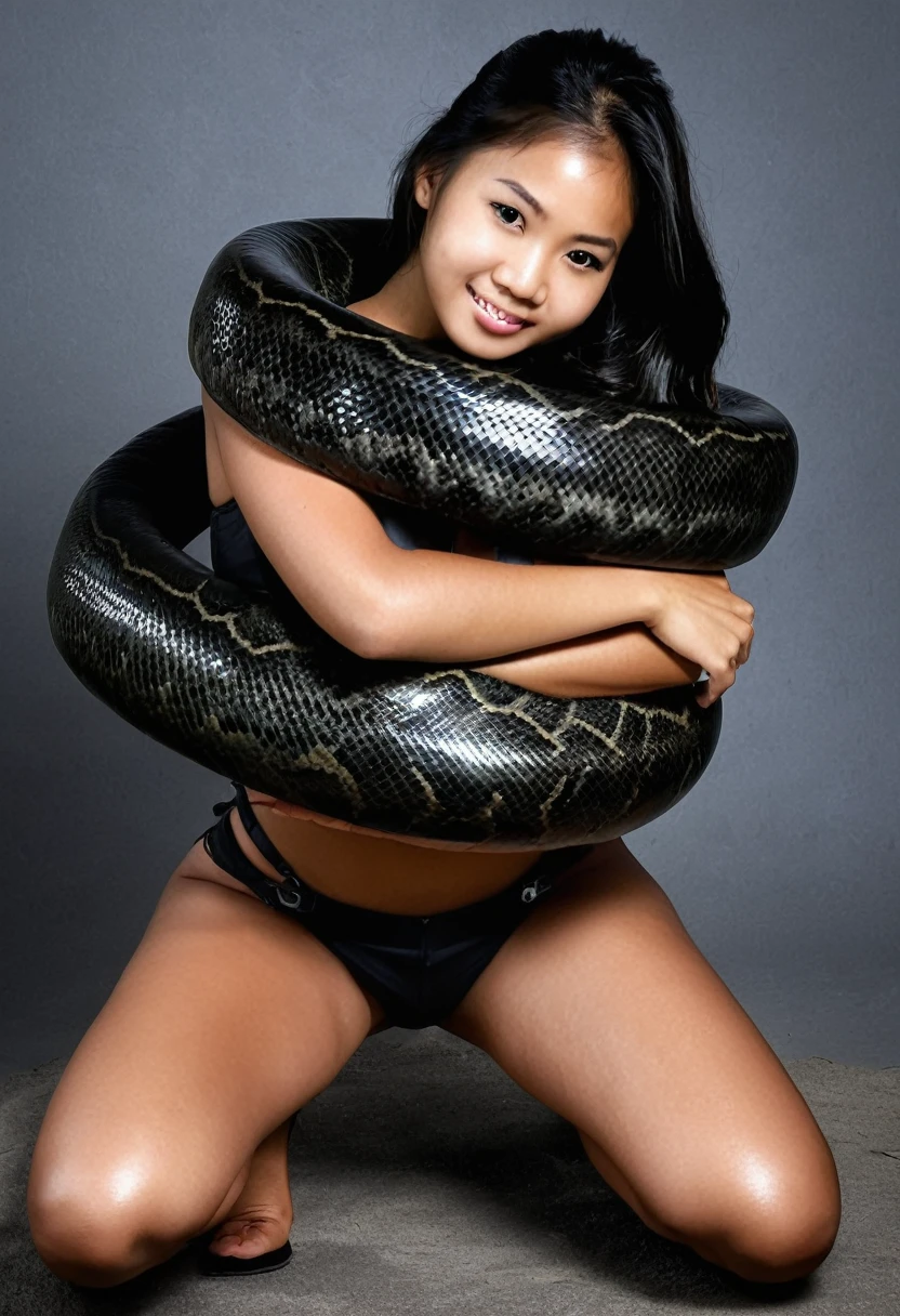  Happy Horny, aroused 1girl), beautiful kneeling Filipino   girl with  giant colossal black titanboa squeezing her hard, wrapped in thick spiraling coils, constricted, struggle, gasping for air, snake attack, snake peril, moonless night, dim light