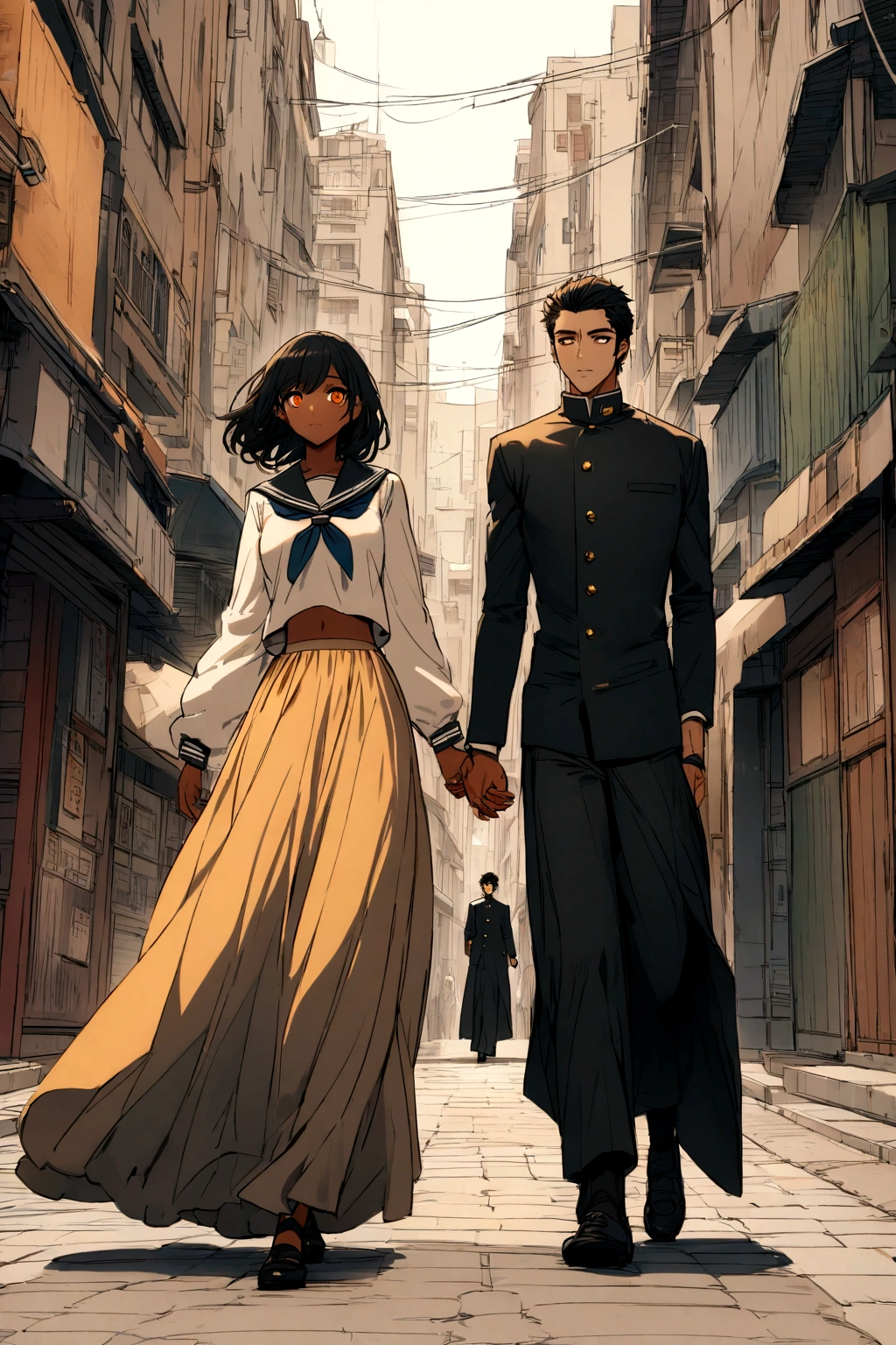 A handsome boy with tan skin, black hair and orange eyes wearing a gakuran while walking With his girlfriend with black hair and light skin and long eyes who was wearing a sailor fuku with a long skirt, while they were going through the city 