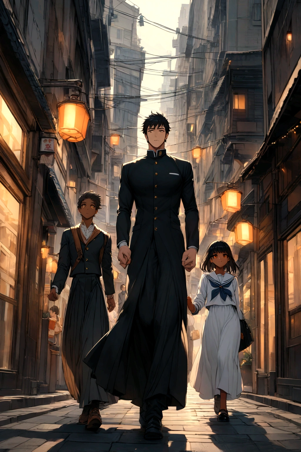 A handsome boy with tan skin, black hair and orange eyes wearing a gakuran while walking With his girlfriend with black hair and light skin and long eyes who was wearing a sailor fuku with a long skirt, while they were going through the city 