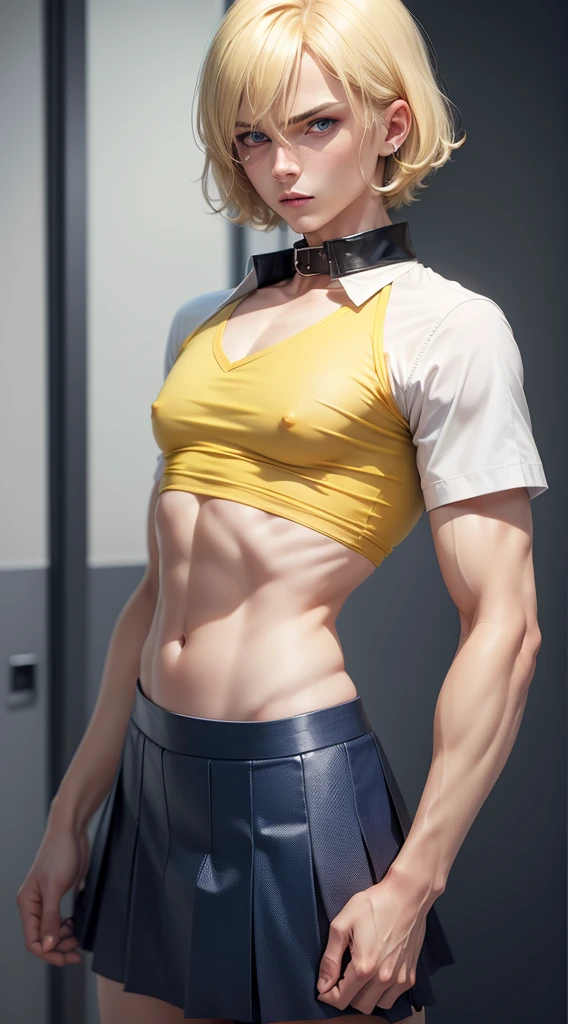 blonde man, blue eyes, femboy, skirt, tight shirt, flat chest, short hair, mullet, wearing yellow, mean glare. thin shirt, nipples, collar,, MAN, ADULT, OLDER
