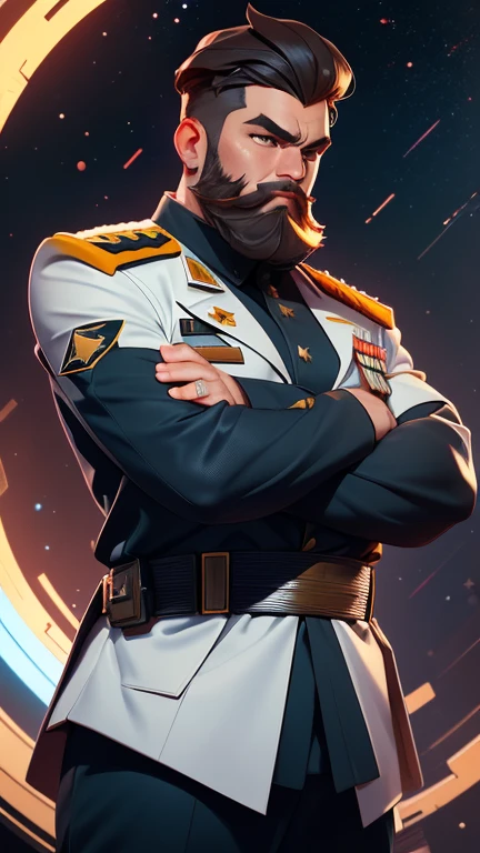 The space general wears a futuristic uniform, he is fat bearded, long sleeve uniform , he has his arms crossed seriously, speaking to the viewer, He wears a white general&#39;s hat on his head.