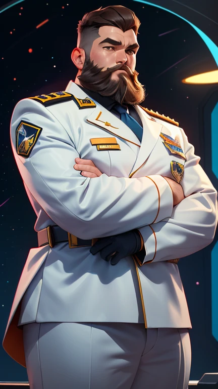 The space general wears a futuristic uniform, he is fat bearded, long sleeve uniform , he has his arms crossed seriously, speaking to the viewer, He wears a white general&#39;s hat on his head.