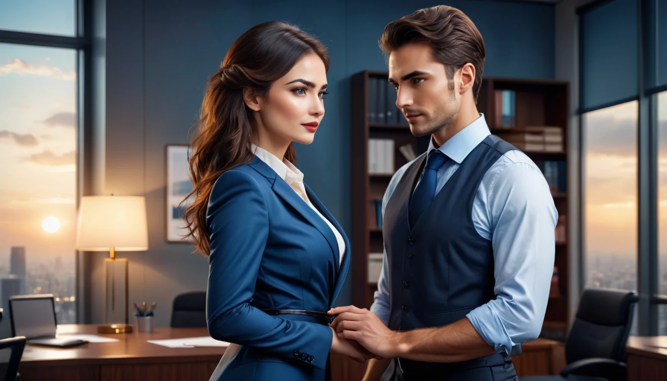 Beautiful woman, dynamic pose, Smooth Movement, (background of an office setting, woman and man interacting secretly, hints of betrayal and affair:1.2), subtle smile on woman, man looking guilty, woman wearing professional attire, full body, thin abs, face ultra-detailed, detailed eyes showing guilt and realization, shining skin, Glossy Lips, brow, bushy eyebrows, detailed backgrounds, shades of blue mixed with darker tones, ethereal atmosphere mixed with tension and sadness, (official art, Unity 8k wallpaper, ultra detailed, Beautiful and Aesthetic, master part, best quality:1.3