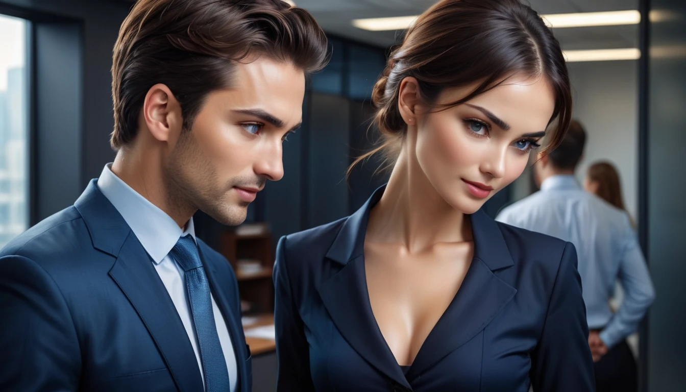 Beautiful woman, dynamic pose, Smooth Movement, (background of an office setting, woman and man interacting secretly, hints of betrayal and affair:1.2), subtle smile on woman, man looking guilty, woman wearing professional attire, full body, thin abs, face ultra-detailed, detailed eyes showing guilt and realization, shining skin, Glossy Lips, brow, bushy eyebrows, detailed backgrounds, shades of blue mixed with darker tones, ethereal atmosphere mixed with tension and sadness, (official art, Unity 8k wallpaper, ultra detailed, Beautiful and Aesthetic, master part, best quality:1.3