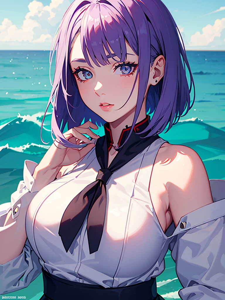 1girl,realistic,short hair,green eyes,empty eyes,purple hair,gigantic breast,expressionless, uniform,sailor suit,skirt,upper body,extremely detailed eyes and face,longeyelashes,beautiful detailed lips,masterpiece,blue background,lucy