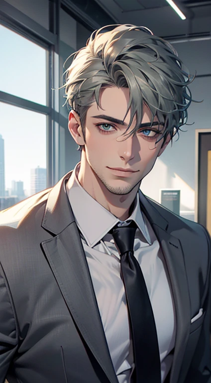(best quality,4k,8k,highres,masterpiece:1.2),ultra-detailed,(realistic,photorealistic,photo-realistic:1.37),1 man,31 years old,mature man,very handsome,without expression,smile,short grey green hair,blue eyes,penetrating gaze,perfect face without errors,imposing posture,businessman,office background,cinematic lighting,hdr image