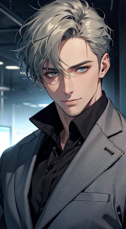 (best quality,4k,8k,highres,masterpiece:1.2),ultra-detailed,(realistic,photorealistic,photo-realistic:1.37),1 man,31 years old,mature man,very handsome,without expression,smile,short grey green hair,blue eyes,penetrating gaze,perfect face without errors,imposing posture,businessman,office background,cinematic lighting,hdr image