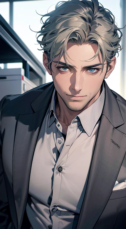 (best quality,4k,8k,highres,masterpiece:1.2),ultra-detailed,(realistic,photorealistic,photo-realistic:1.37),1 man,31 years old,mature man,very handsome,without expression,smile,short grey green hair,blue eyes,penetrating gaze,perfect face without errors,imposing posture,businessman,office background,cinematic lighting,hdr image