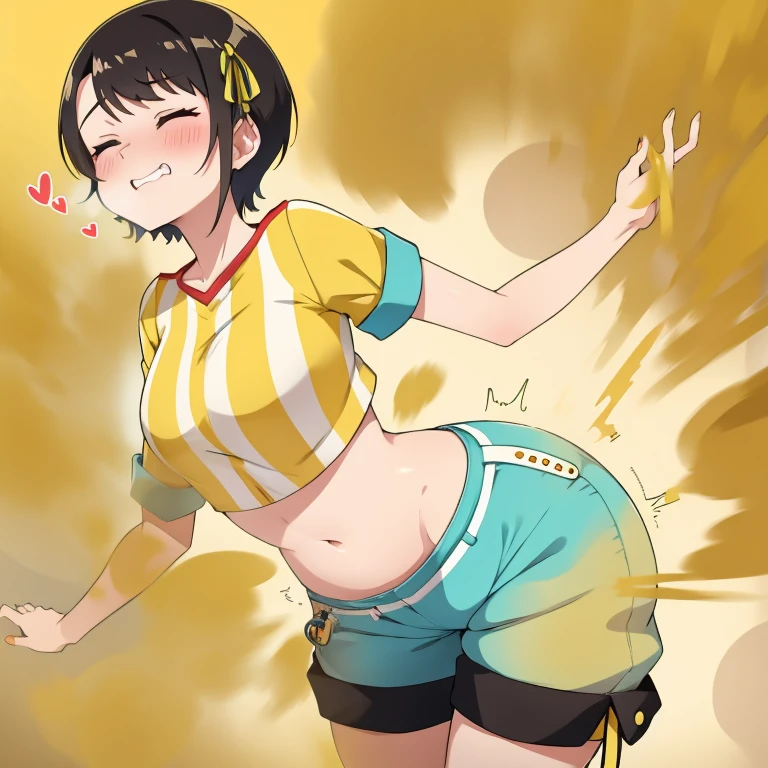 HD, solo, 1female, subaru oozora, pale skin , yellow striped shirt, blue shorts, black short hair, tall and skinny, hands on belly, bend over, farting, massive fart, yellow smoke rising, relieved face, closed eyes, clenching teeth, blush, alone in dance floor, heart signs