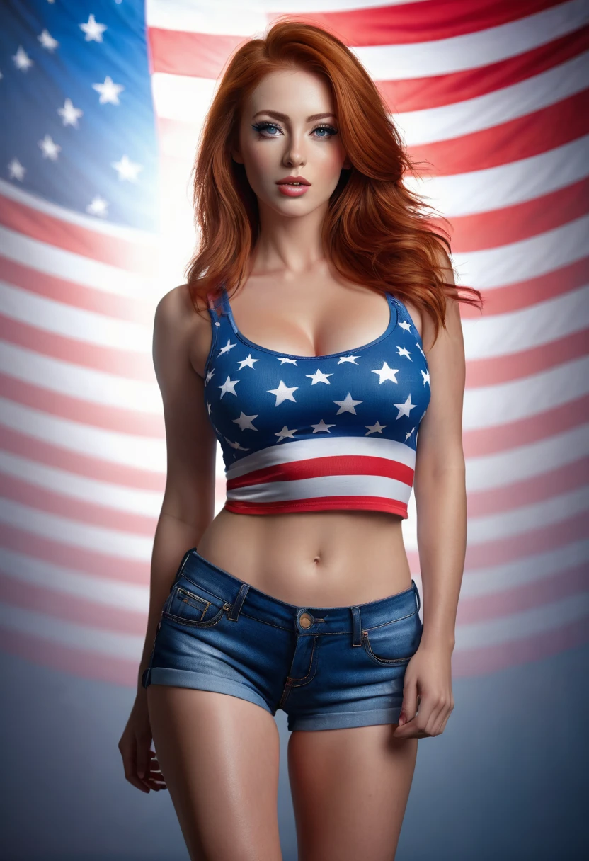 a redheaded woman with large breasts, wearing a tight blue denim shorts and a tight t-shirt with a US flag print, walking towards the camera, looking at the viewer, (best quality,4k,8k,highres,masterpiece:1.2),ultra-detailed,(realistic,photorealistic,photo-realistic:1.37),detailed eyes,detailed lips,extremely detailed face,long eyelashes,beautiful woman,full body shot,sexy pose,patriotic,vibrant colors,dramatic lighting,cinematic,high contrast