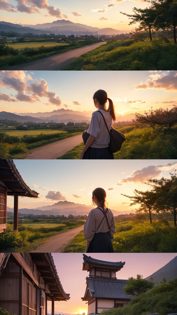 Landscape painting、Japanese village scenery、Photo Style、evening、A cute high school girl is standing facing backwards、evening、sunset、