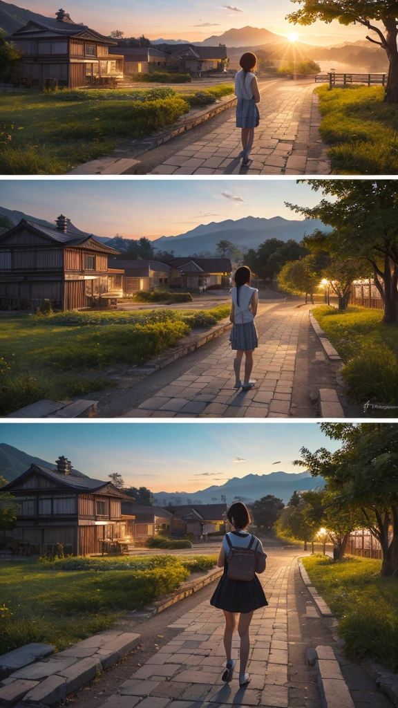 Landscape painting、Japanese village scenery、Photo Style、evening、A cute high school girl is standing facing backwards、evening、sunset、