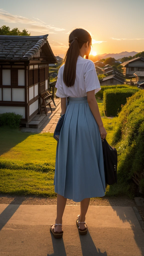 Landscape painting、Japanese village scenery、Photo Style、evening、A cute high school girl is standing facing backwards、evening、sunset、