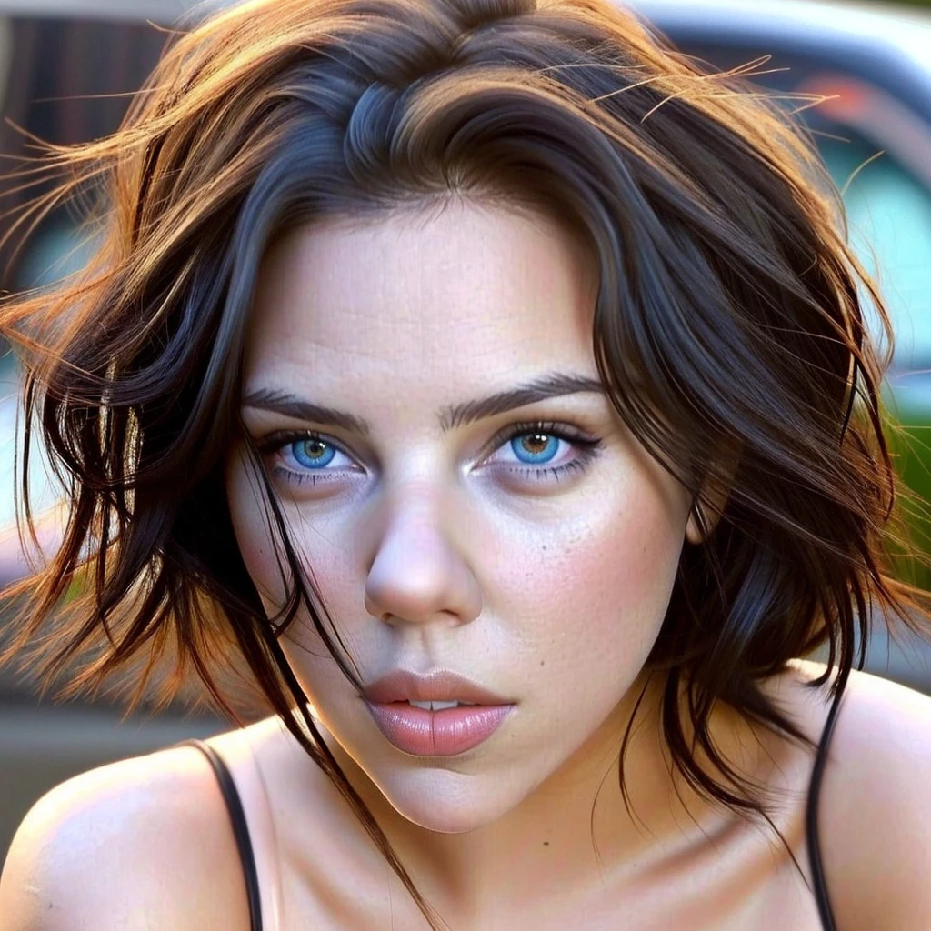 Most beautiful, bownsy black hair, beutiful brown eyes,hot and sexy,cenematic and realistic hollywood actress, Scarlett Johansson