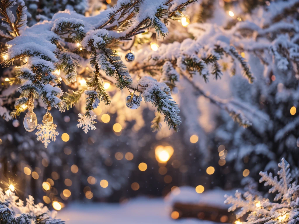 intricate detailed christmas background, snowflakes, winter landscape, snow-covered trees, warm lighting, cozy atmosphere, (best quality,4k,8k,highres,masterpiece:1.2),ultra-detailed,(realistic,photorealistic,photo-realistic:1.37),muted color palette, soft focus, festive decorations, magical, enchanting, winter wonderland