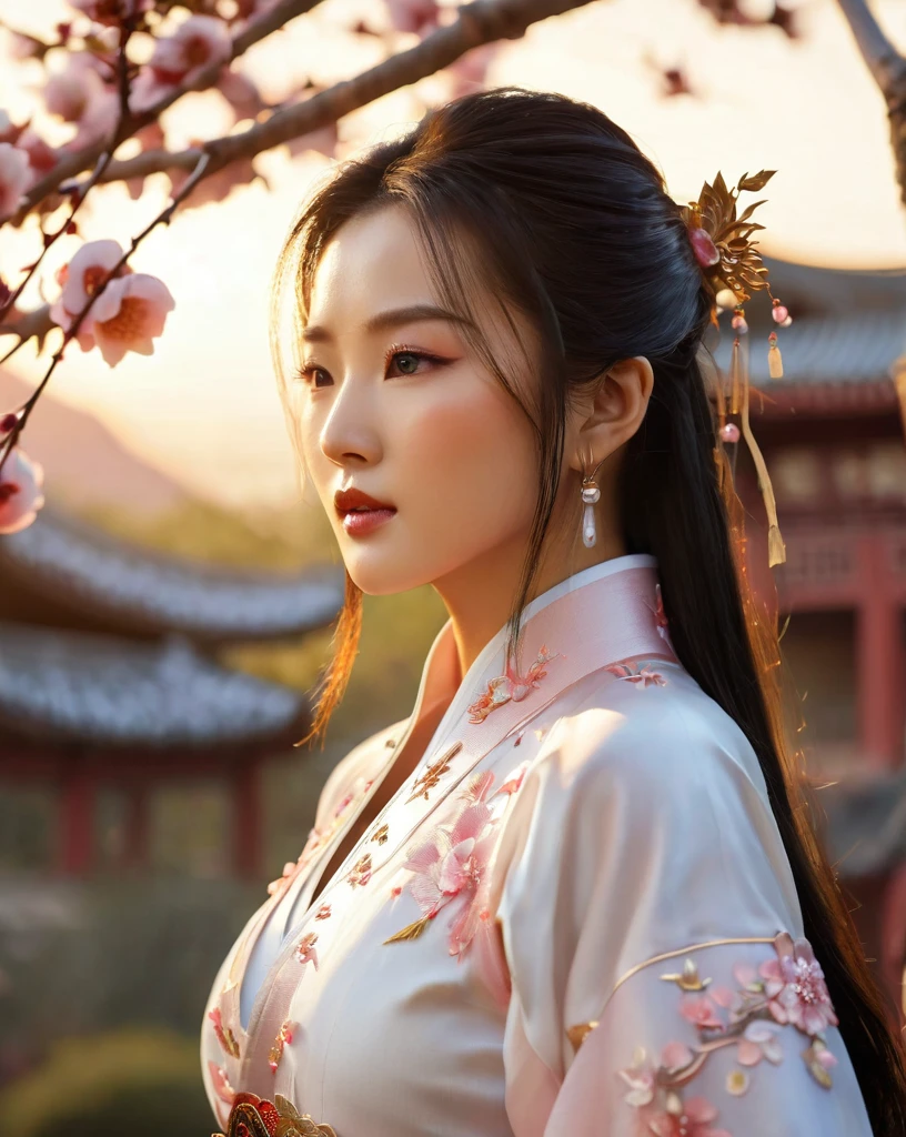 Close-up of beautiful korean female, 31 inch breasts size, wearing luxury white fantasy traditional chinese dress ,   In the ancient peach garden, sunset light,bokeh  background, UHD, Inspired by Xiaolongnü in the movie The Return of the Condor Heroes2,video game style, mortal kombat style