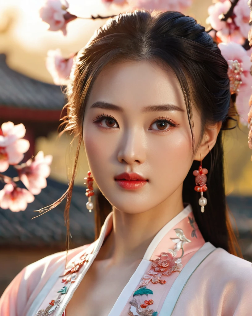 Close-up of beautiful korean female, 31 inch breasts size, wearing luxury white fantasy traditional chinese dress , In the ancient peach garden, sunset light,bokeh background, UHD, Inspired by Xiaolongnü in the movie The Return of the Condor Heroes2,video game style, mortal kombat style