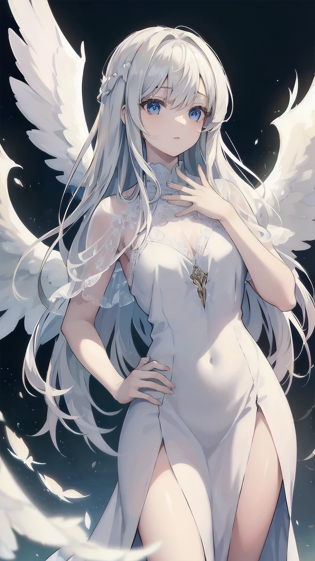 a beautiful angel with flowing white dress, wings spread, hand on hip, side view, (best quality,4k,8k,highres,masterpiece:1.2),ultra-detailed,(realistic,photorealistic,photo-realistic:1.37),HDR,UHD,studio lighting,extremely detailed face and eyes,delicate facial features,long eyelashes,smooth skin,intricate dress folds,glowing skin,angelic expression,sunlight streaming through clouds,simple background, hand behind back