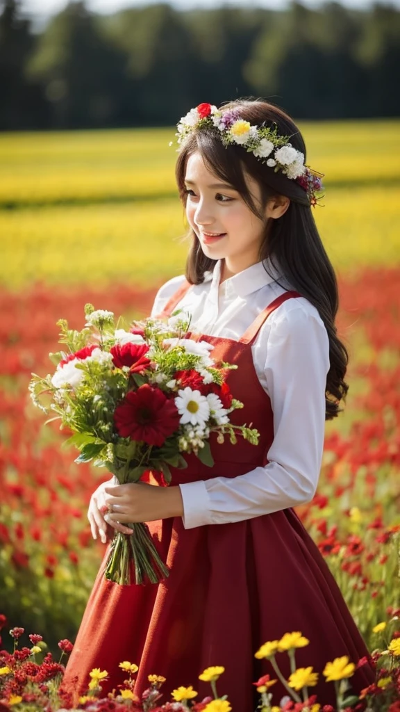 There is a girl in a red and white dress holding a bouquet, girl in flowers, Recogiendo flores, sosteniendo flores, recogiendo una flor, girl standing in flower field, girl standing in a flower field, Flores en las mejillas del heredero, girl in a flower field, portrait of girl in flower field, Girl walking in the woods, girl with a flower head