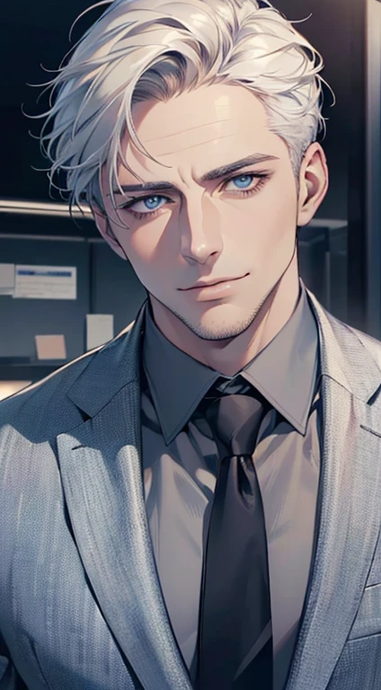 (best quality,4k,8k,highres,masterpiece:1.2),ultra-detailed,(realistic,photorealistic,photo-realistic:1.37),1 man,31 years old,mature man,very handsome,without expression,smile,short white hair,blue eyes,penetrating gaze,perfect face without errors,imposing posture,businessman,office background,cinematic lighting,hdr image