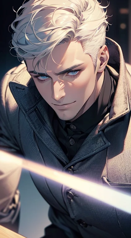 (best quality,4k,8k,highres,masterpiece:1.2),ultra-detailed,(realistic,photorealistic,photo-realistic:1.37),1 man,31 years old,mature man,very handsome,without expression,smile,short white hair,blue eyes,penetrating gaze,perfect face without errors,imposing posture,businessman,office background,cinematic lighting,hdr image