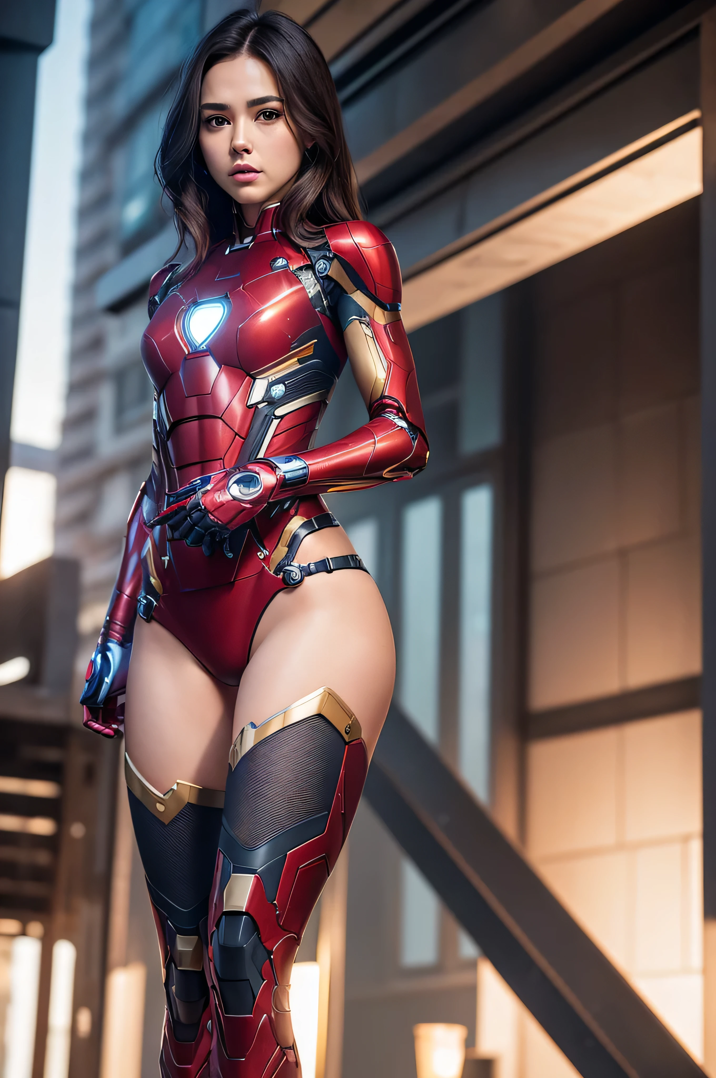 ((masterpiece, 8K, 3D, Realistic, Super Detail)), (1girl:1.3), slender 16 age, Ultra Micro photography, Gal-Gadot Super realistic, Perfect face, 16K resolution, 4k resolution, The photo was taken from the Front, facing to the photographer, Foreground photo, dynamic lighting, posing on a pedestal, high-definition resolution, Beautiful features, ((Perfect female Model Slim body)) Beautiful features, Standing pose, ((small hip)), (((2 piece Hotpants-Bikini))), Sci-fi futuristic, ((Iron man armor)) ((bionic Fragmented Super Girl chest armor suit)), ((Exposed slim thighs)), wear mesh metal-stockings, ((slim thighs)), ((bionic Slim thighs Spider man armor)), Front Full body Shot, full body portrait, perfect legs, Iron Man shoes, futuristic city background