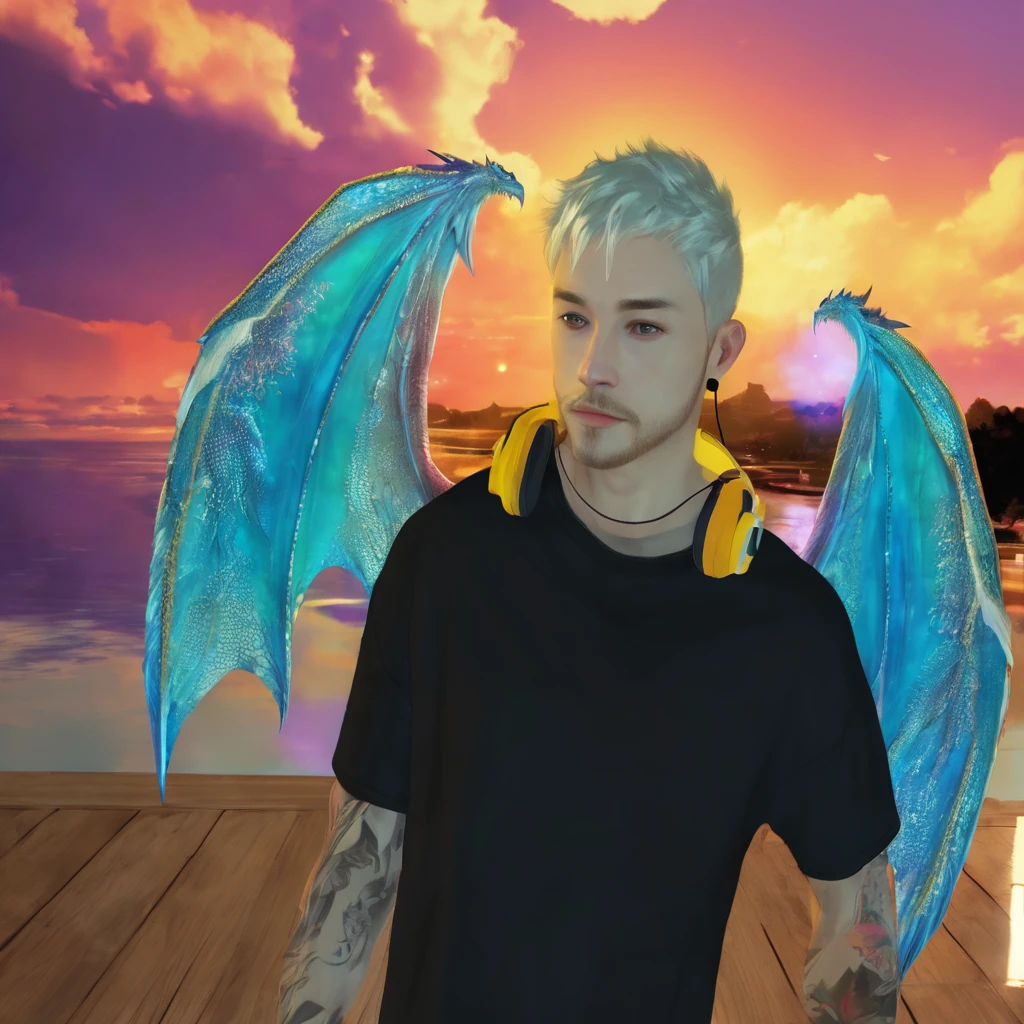 A man with short blond hair, with silver dragon wings, headphones and black shirt.