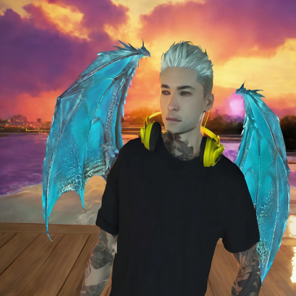 A man with short blond hair, with silver dragon wings, headphones and black shirt.