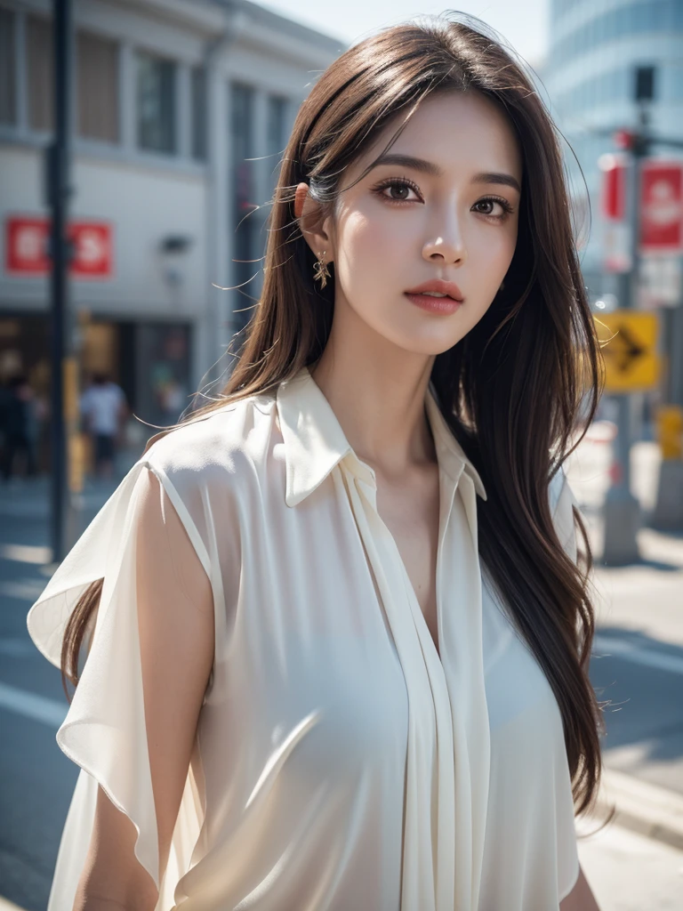 1 woman in a silk suit standing on the sidewalk, urban landscape, sunny morning, beautiful detailed eyes, beautiful detailed lips, extremely detailed face and features, longeyelashes, torn blouse, brazilian woman, (best quality,4k,8k,highres,masterpiece:1.2),ultra-detailed,(realistic,photorealistic,photo-realistic:1.37),portraits,vivid colors,HDR,UHD,studio lighting,ultra-fine painting,sharp focus,physically-based rendering,extreme detail description,professional