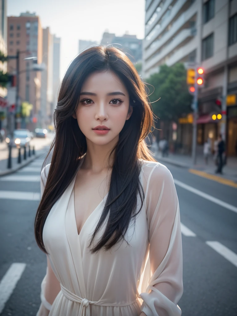 1 woman in a silk suit standing on the sidewalk, urban landscape, sunny morning, beautiful detailed eyes, beautiful detailed lips, extremely detailed face and features, longeyelashes, torn blouse, brazilian woman, (best quality,4k,8k,highres,masterpiece:1.2),ultra-detailed,(realistic,photorealistic,photo-realistic:1.37),portraits,vivid colors,HDR,UHD,studio lighting,ultra-fine painting,sharp focus,physically-based rendering,extreme detail description,professional