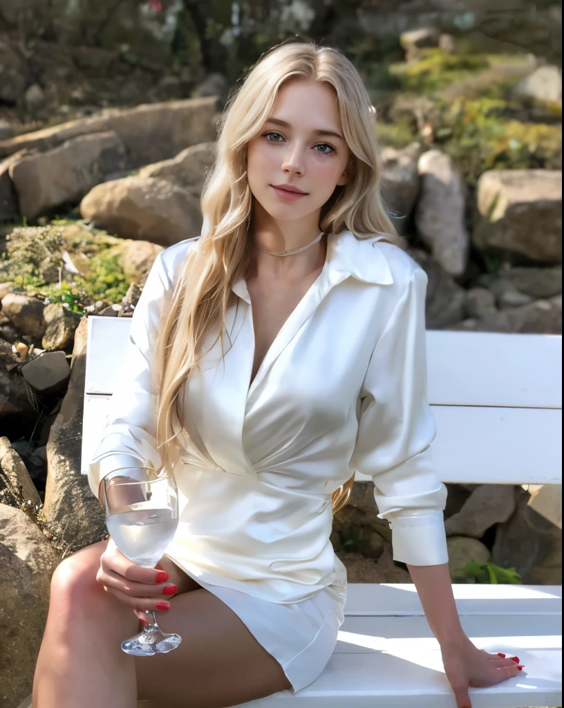 a one woman, americana, age 25, pale skin and freckles, grey-eyed, delicate nose, soft and delicate lips, distant, distant, wavy, waist-length blonde hair, Sweet smile, face with delicate feminine facial features, Highly Rendering