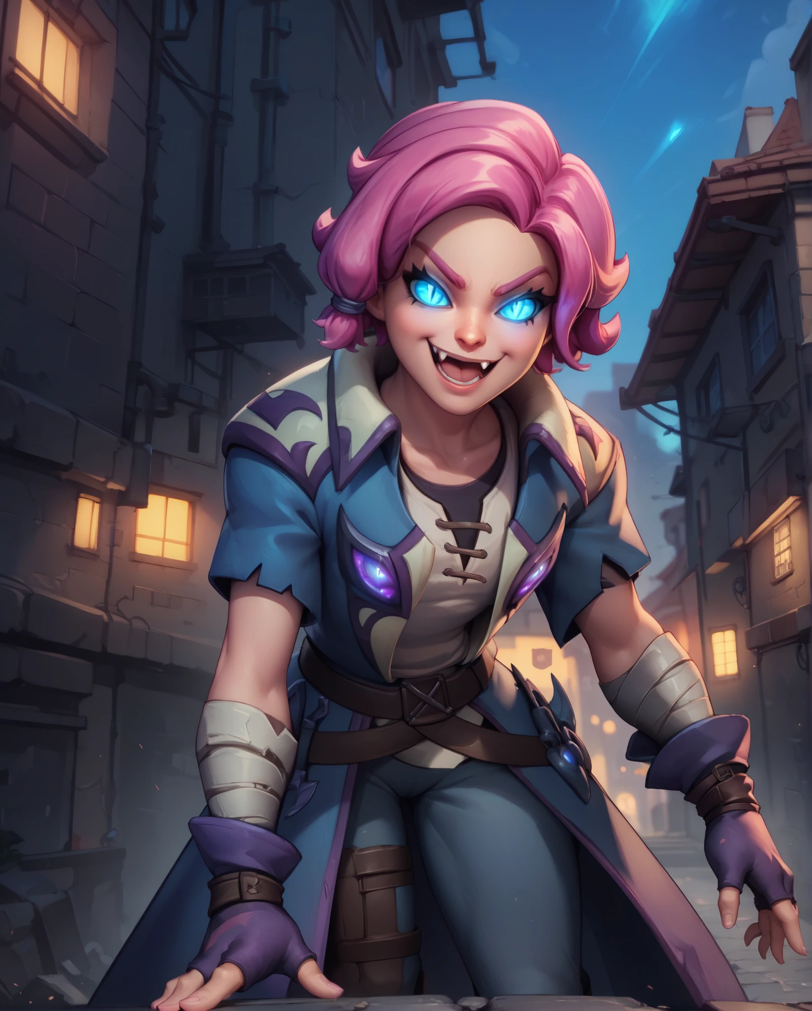 score_9,score_8_up,score_7_up,
maeve,solo.short pink hair with a hair knot,blue slit pupils,blue eyes,glowing eyes,
belt,fingerless gloves,shirt,coat,short sleeves,smile,grin, rooftop,fantasy,leaning forward,fang,open mouth, nigh,outside,alley,in the shadows, 