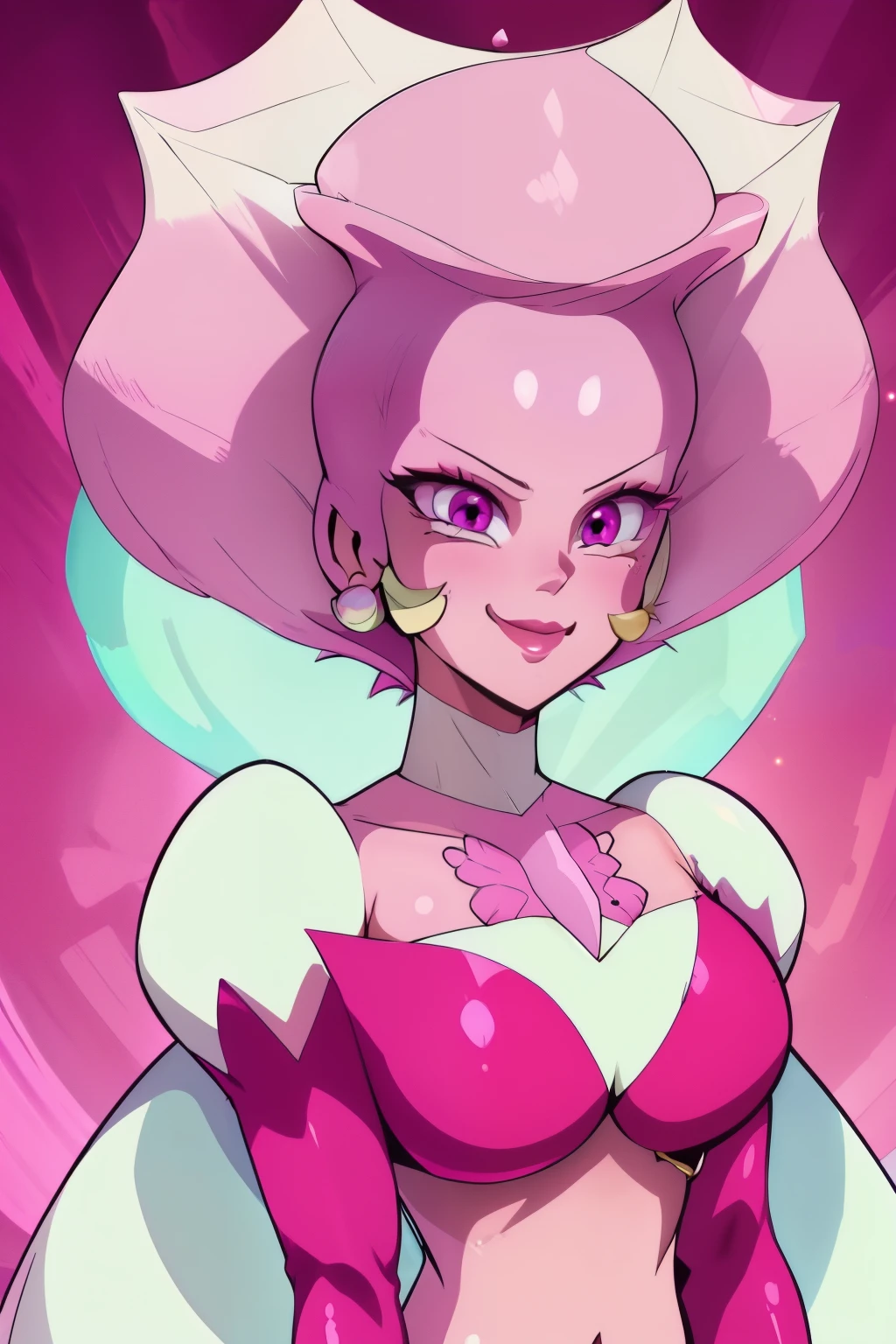 pnkdamond, pink hair, pink eyes,  big hair,  stomach gem,  pink skin,  toned, 
puffy short sleeves, elbow gloves ,  white thighhighs,   puffy dress, 
standing, upper body, 
 outerspace,  
(insanely detailed, beautiful detailed face,beautiful detailed eyes, masterpiece, best quality) cinematic lighting,  smile, 
 