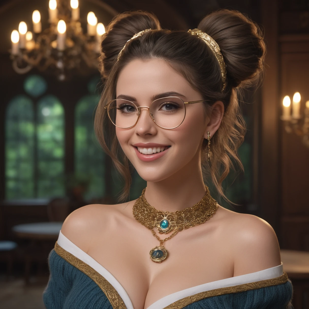 masterpiece, best quality, highly detailed, 1girl, solo, twintails, off-shoulder sweater, choker, large glasses, gold locket, jacket, hairband, looking at viewer, smile, blush, Wide Smile, Eyes Detailed & Wide, sexy Pose. Ultra HD, Rococo-Inspired Fantasy Art With Intricate Details. Cute, Charming Expression, Alluring-Gaze, looking at viewer Beautiful Eyes, An-Ideal-Figure. Large Youthful Well-Shaped-Breasts, Massive-Round-Bosom, Décolletage. slim waist, fit body, full lipsWarm lights , woman in a dreamy forest at night, with fluffy hair, delicate face, realistic, real, slim, large aperture, sexy shots, attractive poses,Stunnin gly beautiful merge of Scarlett Johanson. Alison Brie, Selena Gomez. symmetrical face, photorealistic, photography, path tracing, specular lighting, volumetric face light, path traced hairmaximum quality{(masutepiece) (8K High Resolution) (top-quality) In the style of breath of the wild.

