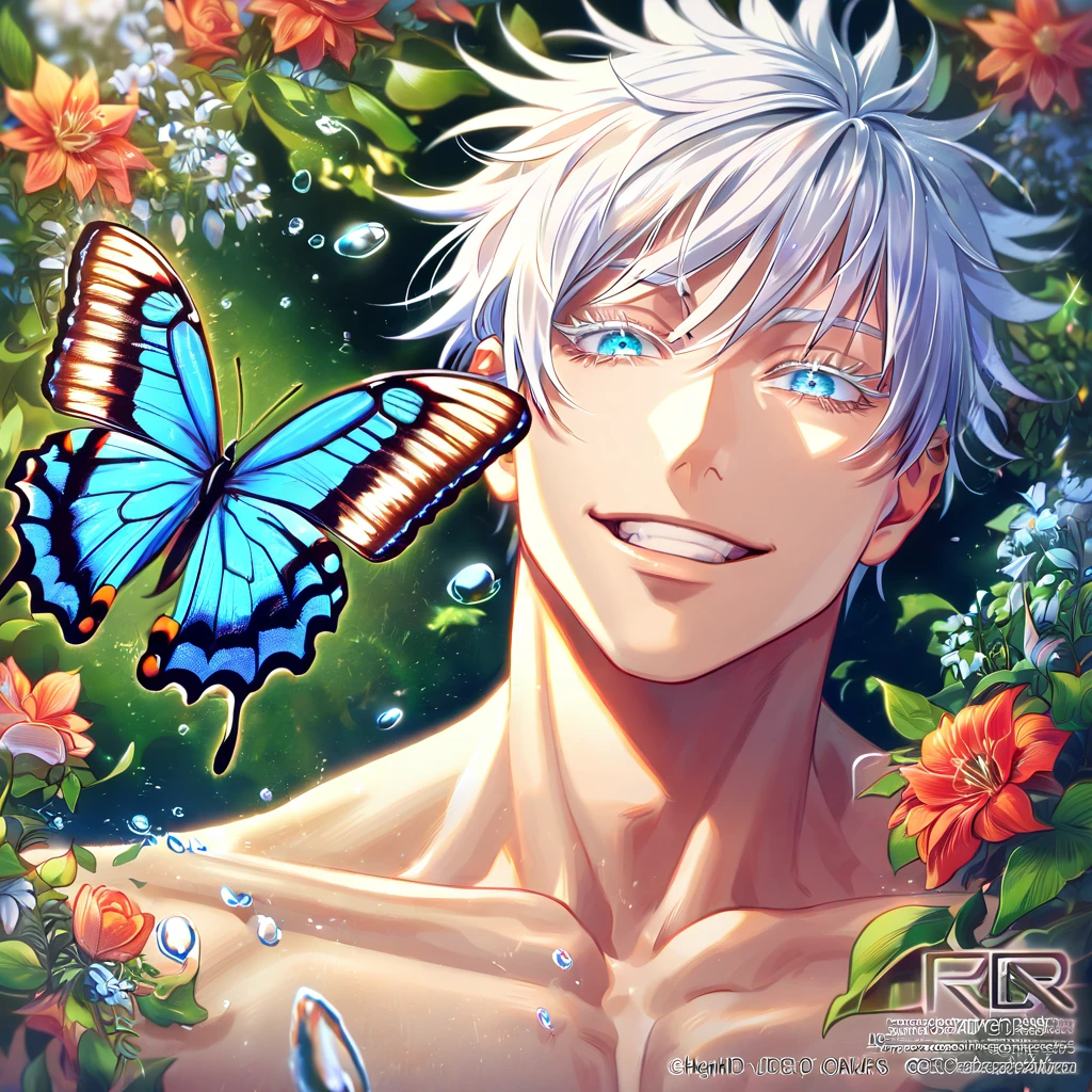 absurdres, highres, ultra detailed, HDR, master piece, best quality, extremely detailed face, delicated features, Gojou Satoru, white hair, expressive blue eyes, white eyelashes, Jujutsu Kaisen, solo, sexy man, handsome, handsome smile, bare chest, fantasy, magical, butterflies, summer, green leaves, flowers, water