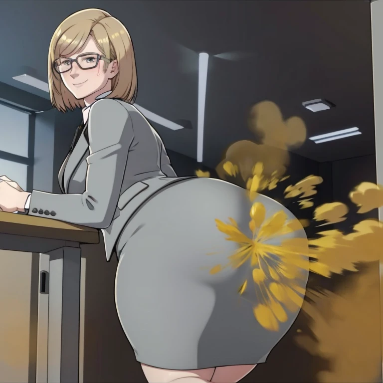 HD, solo, 1female, erica bartholomew, pale skin, office outfit, grey suit, tight grey skirt, wearing glasses, blonde hair, farting, massive fart, yellow smoke rising, relieved face, smiling, blush, viewing ass, alone in office