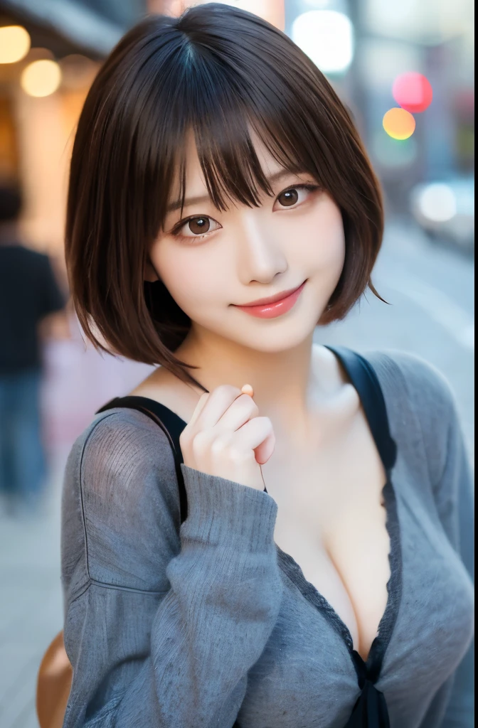 (masterpiece:1.2,Highest quality),Blur the background,1 female college student,((Cute casual clothes)),((Gravure pose)),Short Hair,((Beautiful Eyes)),Blushed Cheeks,Healthy Skin,(smile),(Shinjuku Date),8K resolution