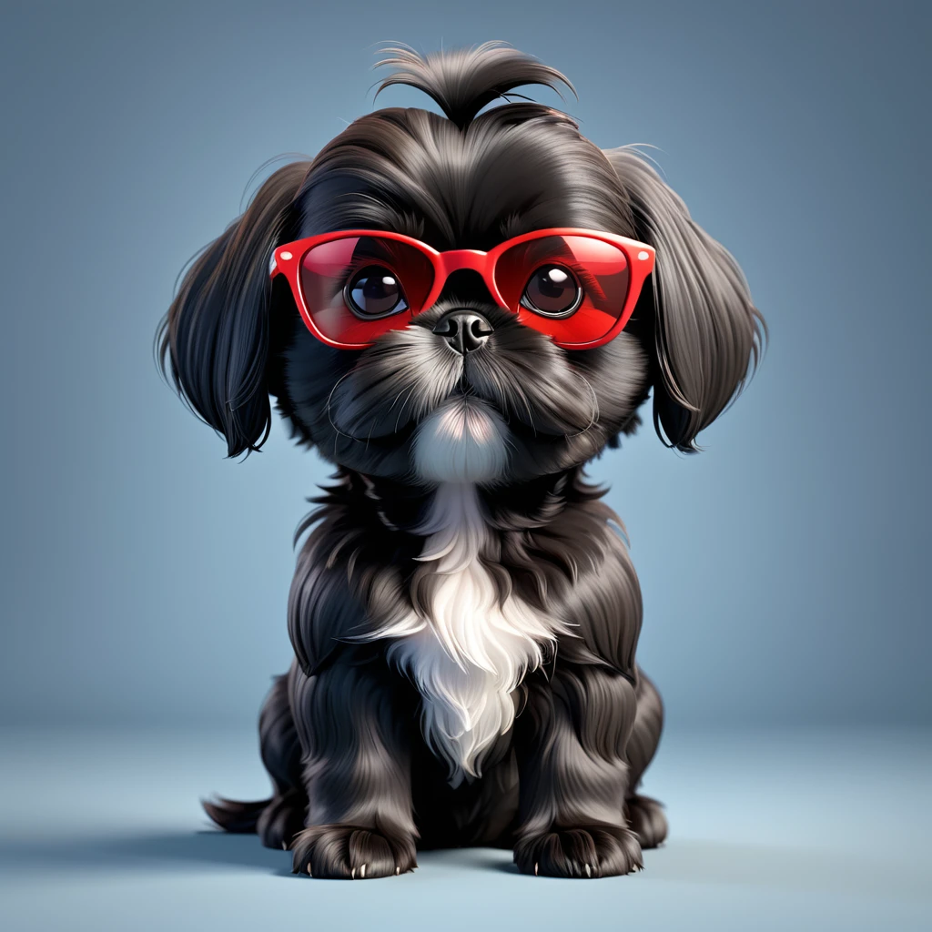 Adorable small black Shih Tzu puppy wearing red sunglasses 3d cartoon, 3d render, disney pixar style