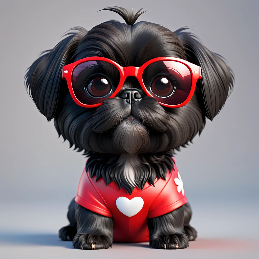 Adorable small black Shih Tzu puppy wearing red sunglasses 3d cartoon, 3d render, disney pixar style