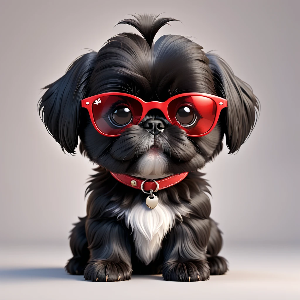 Adorable small black Shih Tzu puppy wearing red sunglasses 3d cartoon, 3d render, disney pixar style