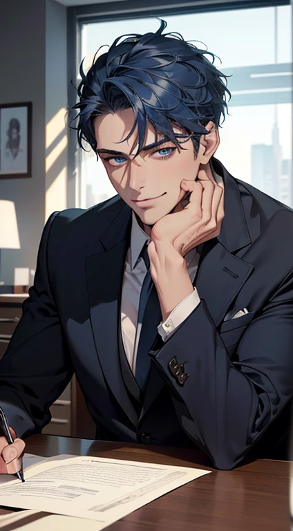 (best quality,4k,8k,highres,masterpiece:1.2),ultra-detailed,(realistic,photorealistic,photo-realistic:1.37),1 man,31 years old,mature man,very handsome,without expression,smile,short blue hair,blue eyes,penetrating gaze,perfect face without errors,imposing posture,businessman,office background,cinematic lighting,hdr image
